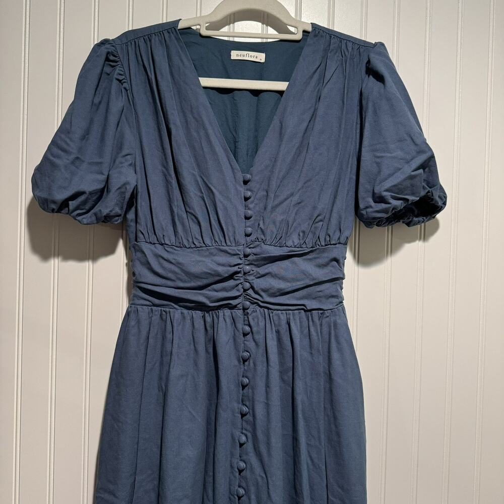 Neuflora Blue Empire Waist Dress Linen Blend Size Medium - Picture 2 of 8